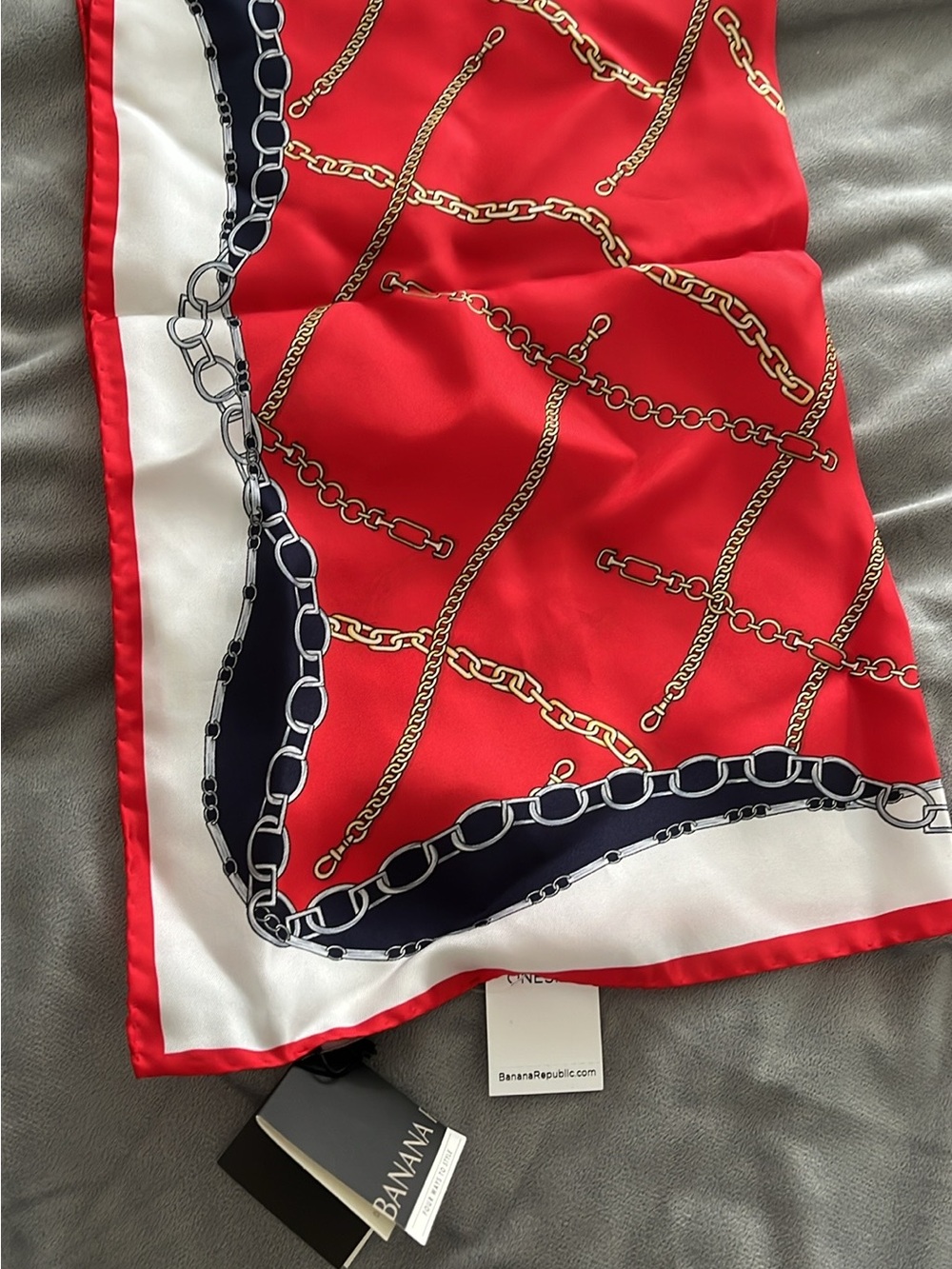 NWT Banana Republic 100% silk handkerchief square scarf red white with chains